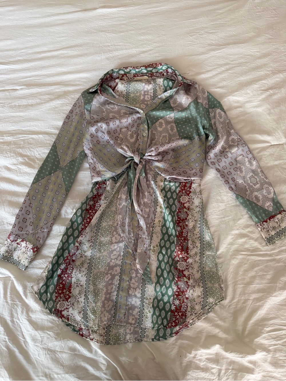 ILLA ILLA Patchwork Tie-Front Mini Dress in Sage Green and Burgundy